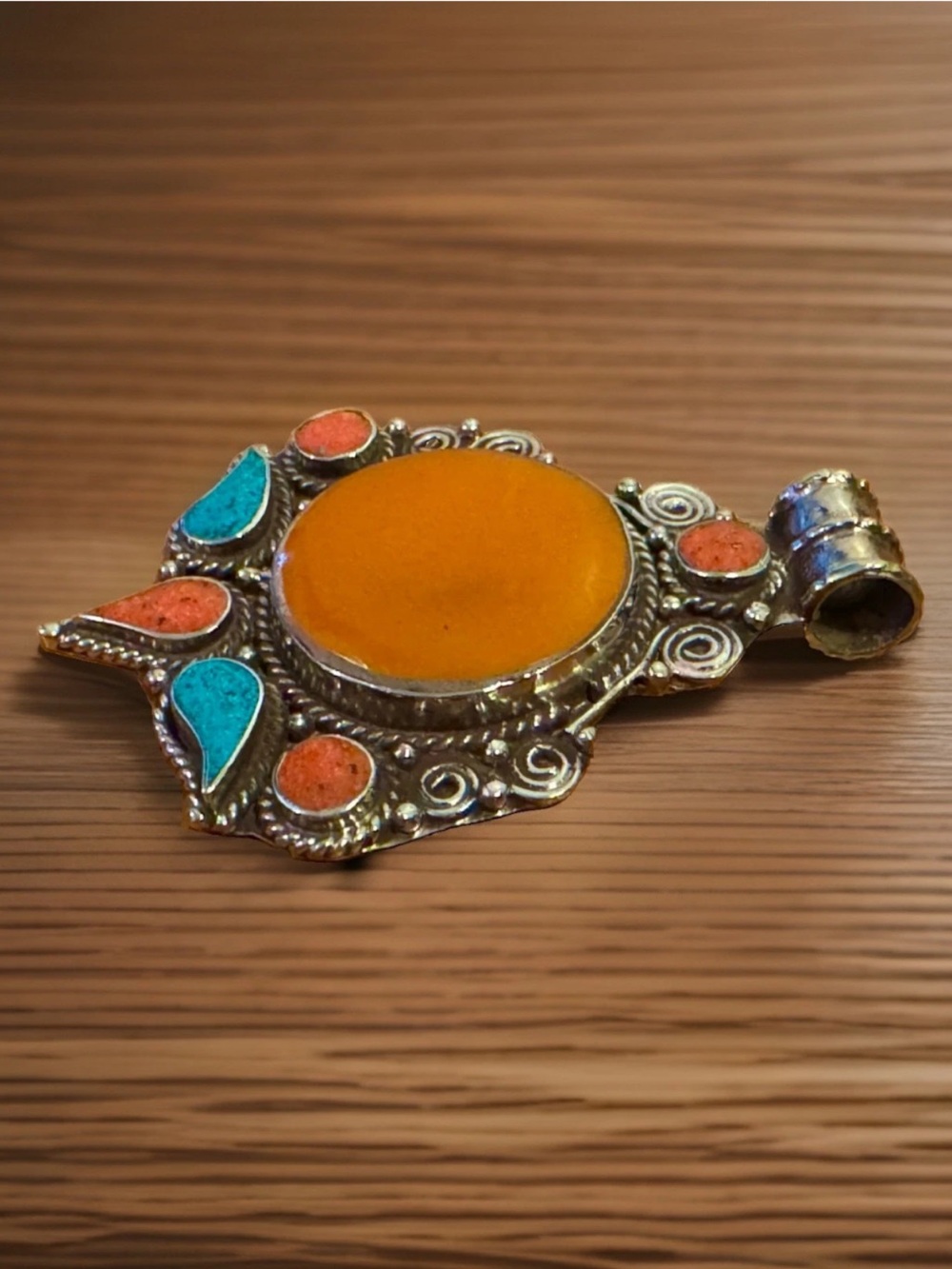 Handcrafted Ethnic Tibetan Amber Resin & Stones Pendant Set In Silver,3”in,30gr - Picture 3 of 8